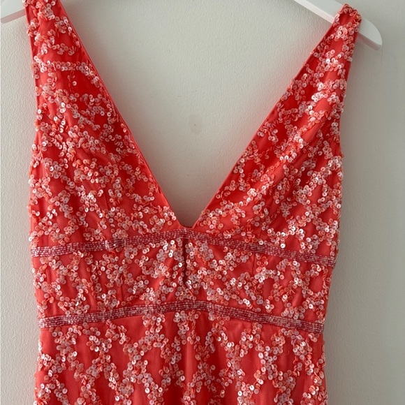 MAC DUGGAL Pink Sequined Plunge Neck Sleeveless Column Gown in Coral 8 - Picture 6 of 12